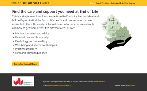 Online Database for End of Life Care - This project was to create a online search tool to find End of Life care in the Bedford area.... Online Database for End of Life Care